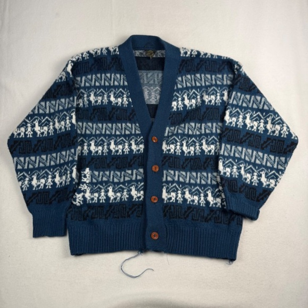 Tejidos Ruminahui Blue Llama Intarsia Knit Button‎ Cardigan Sweater Mens XL